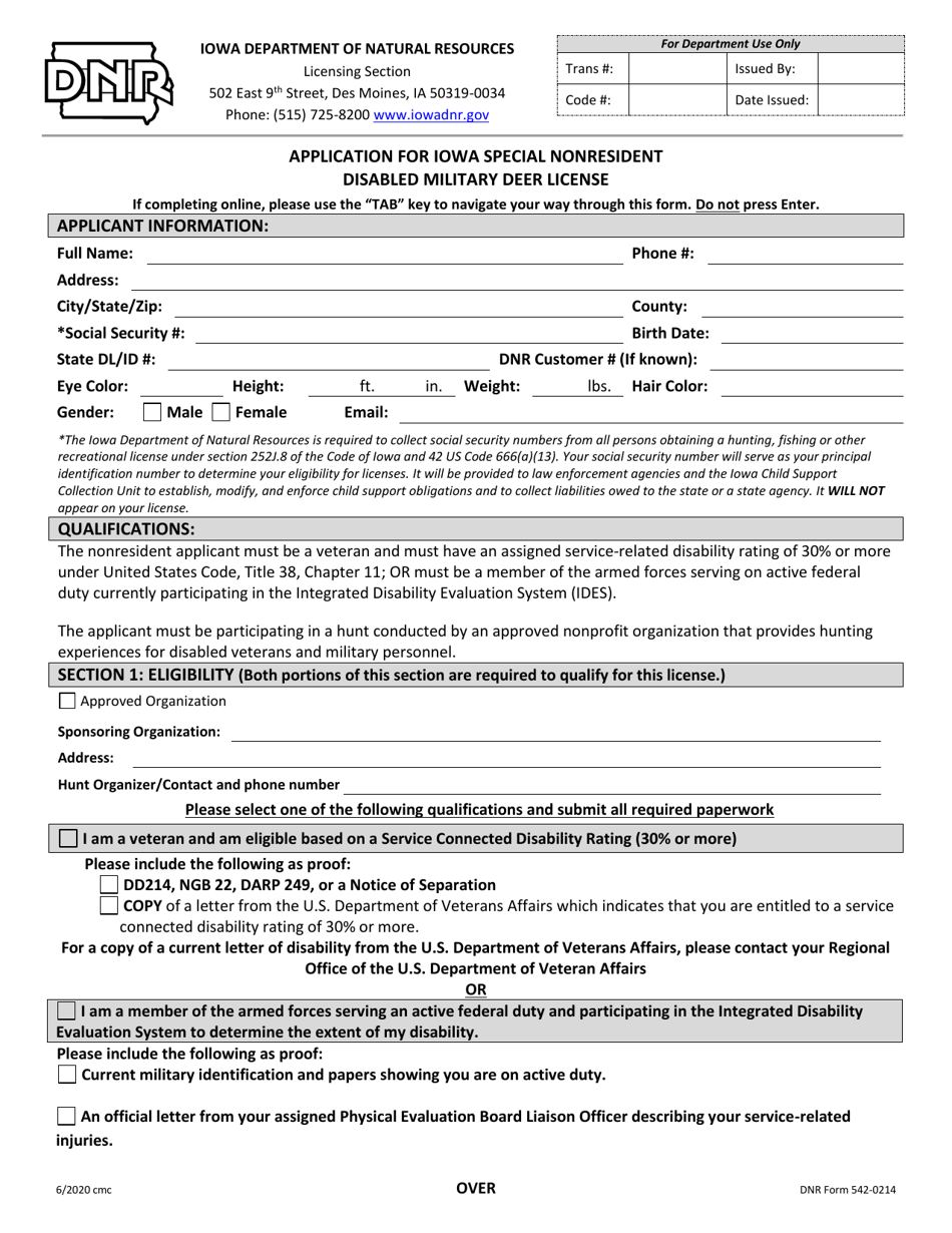 DNR Form 542-0214 Application for Iowa Special Nonresident Disabled Military Deer License - Iowa, Page 1