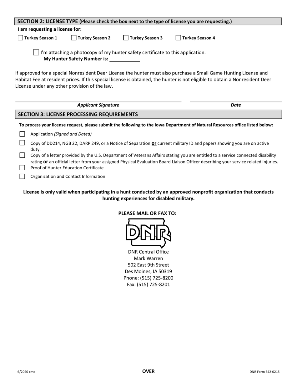 DNR Form 542-0215 Application for Iowa Special Nonresident Disabled Military Turkey License - Iowa, Page 2