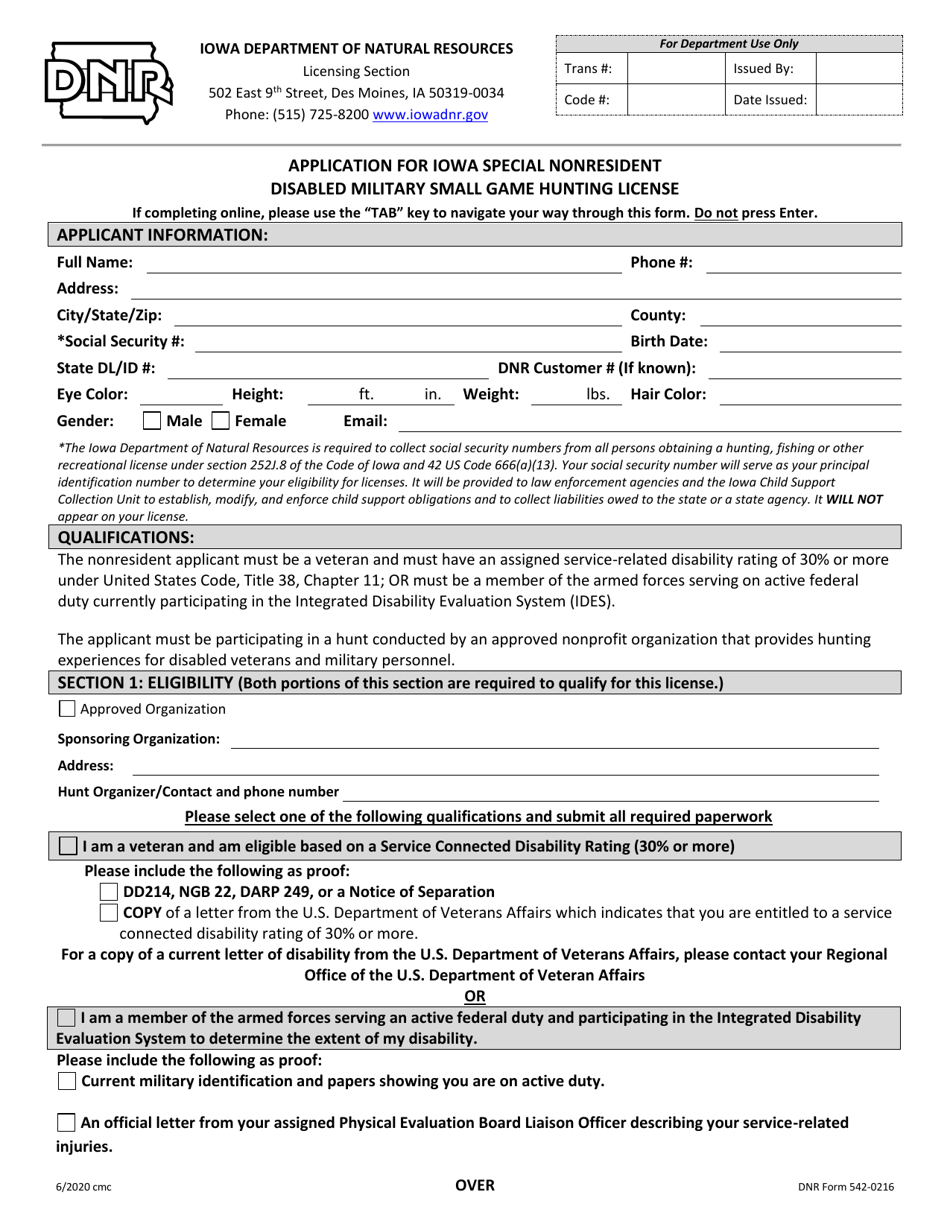 DNR Form 542-0216 Application for Iowa Special Nonresident Disabled Military Small Game Hunting License - Iowa, Page 1