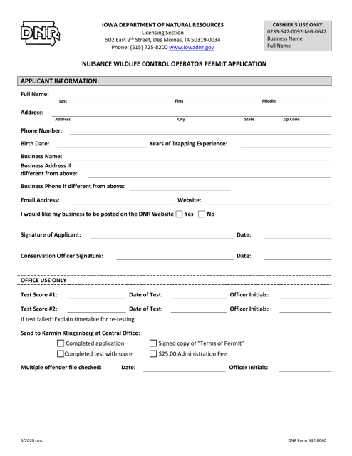 DNR Form 542-8060 Nuisance Wildlife Control Operator Permit Application - Iowa