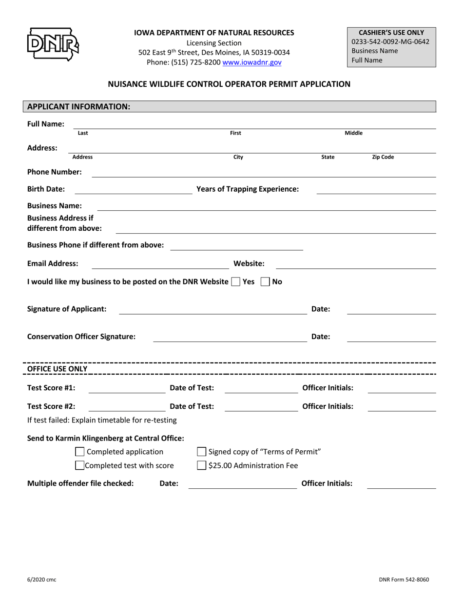 DNR Form 542-8060 Nuisance Wildlife Control Operator Permit Application - Iowa, Page 1