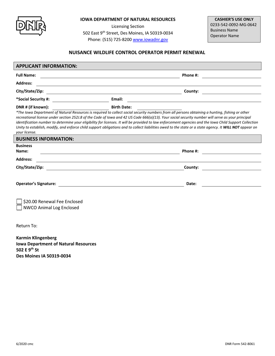 DNR Form 542-8061 Nuisance Wildlife Control Operator Permit Renewal - Iowa, Page 1