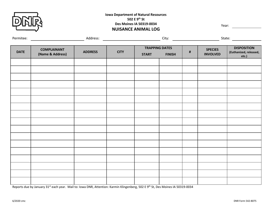 DNR Form 542-8075 Nuisance Animal Log - Iowa, Page 1