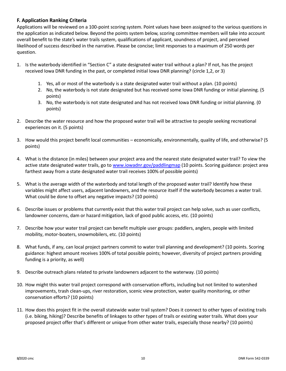 DNR Form 542-0339 Water Trails Program Water Trail Planning Assistance Selection Application - Iowa, Page 10