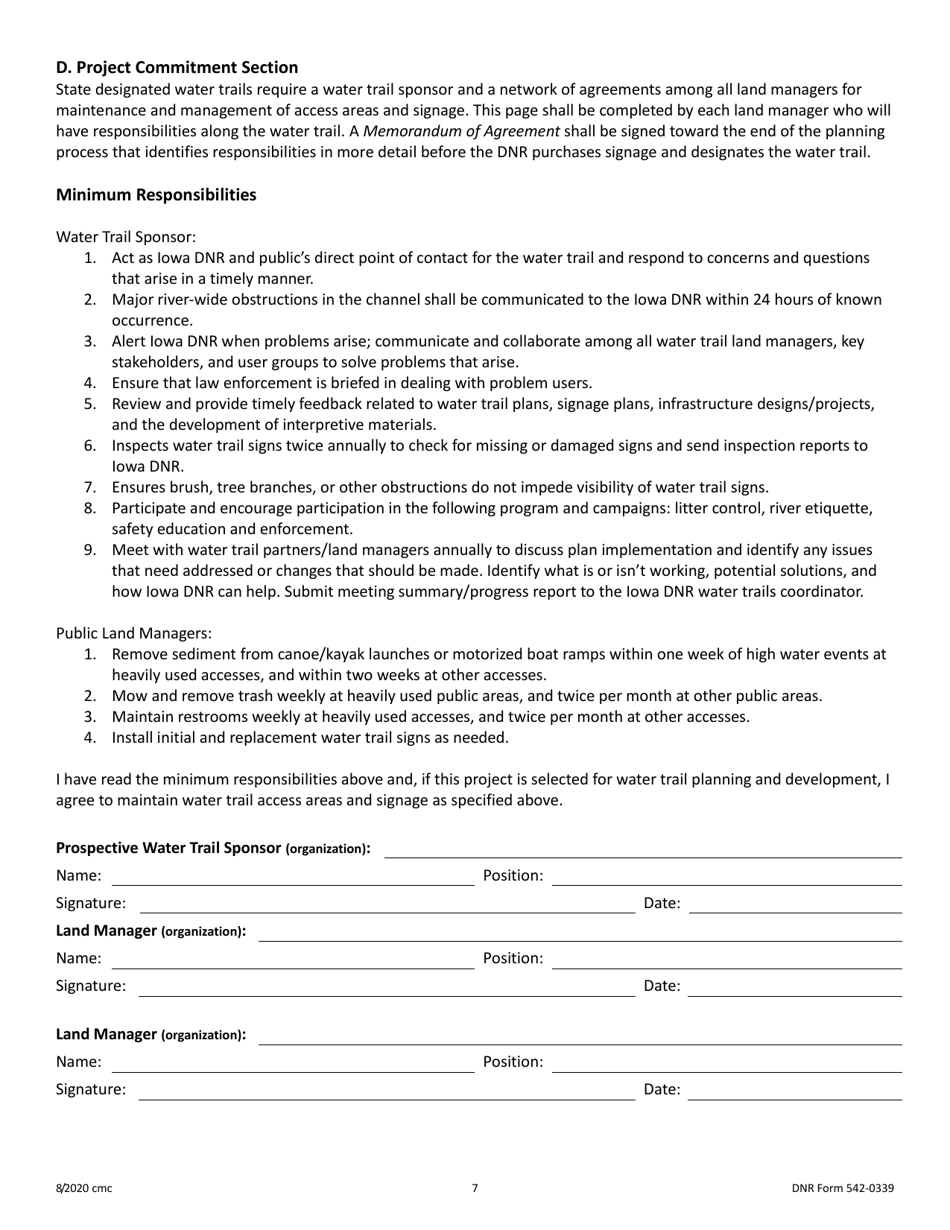 DNR Form 542-0339 Water Trails Program Water Trail Planning Assistance Selection Application - Iowa, Page 7