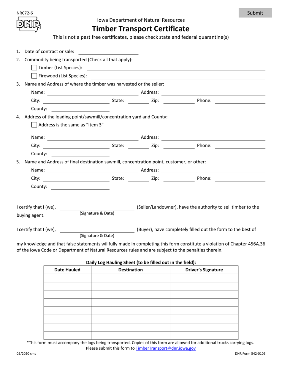 DNR Form 542-0105 Timber Transport Certificate - Iowa, Page 1