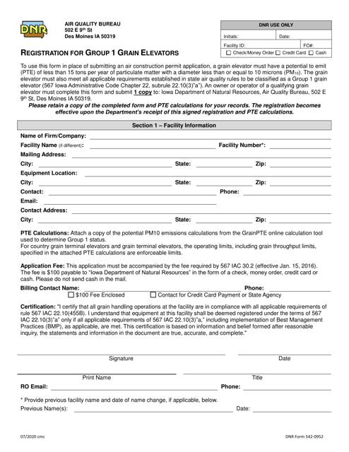 DNR Form 542-0952 Registration for Group 1 Grain Elevators - Iowa