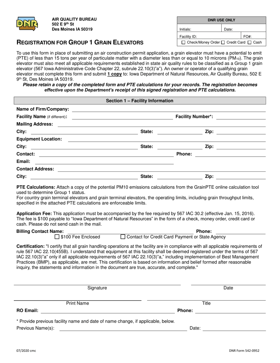 DNR Form 542-0952 Registration for Group 1 Grain Elevators - Iowa, Page 1