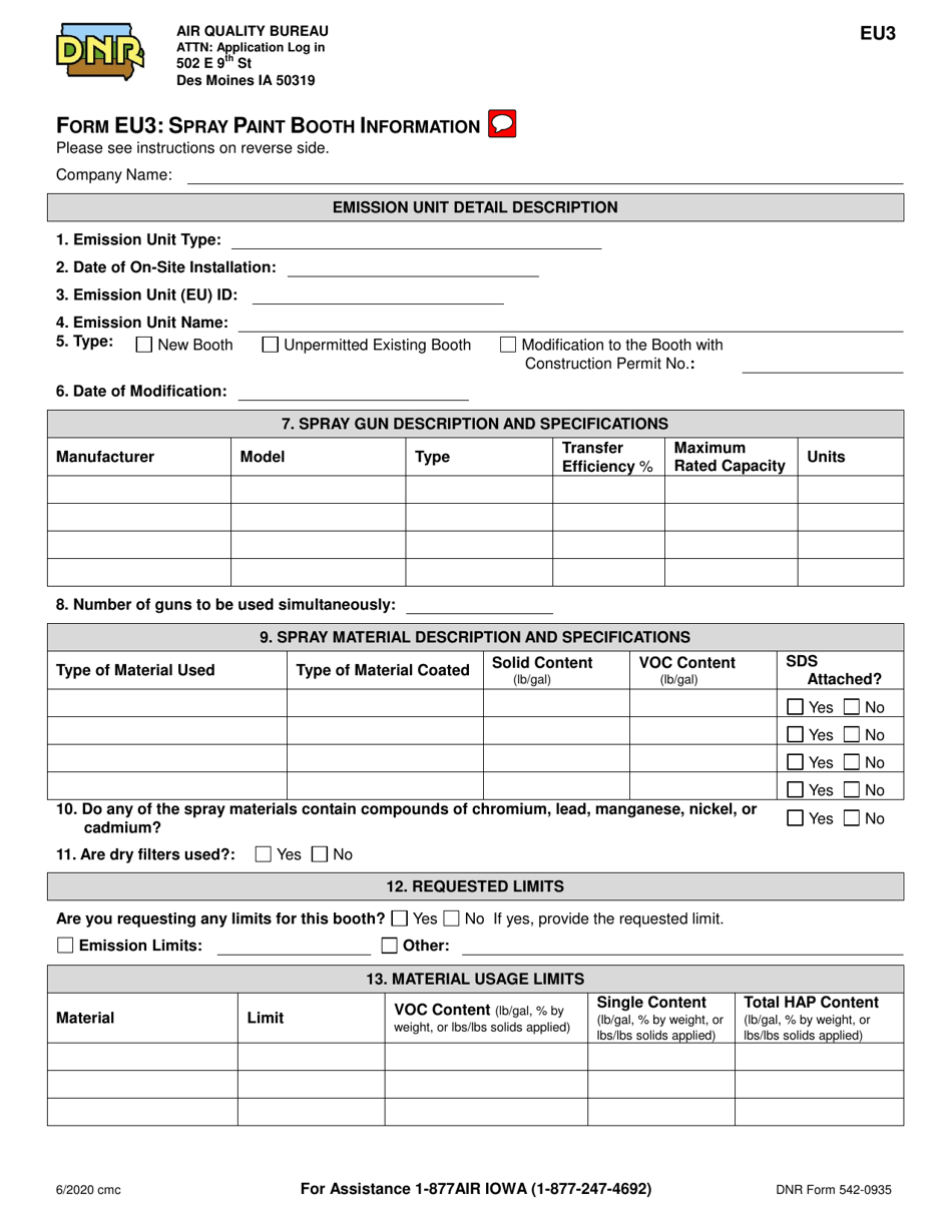 DNR Form 542-0935 (EU3) Spray Paint Booth Information - Iowa, Page 1