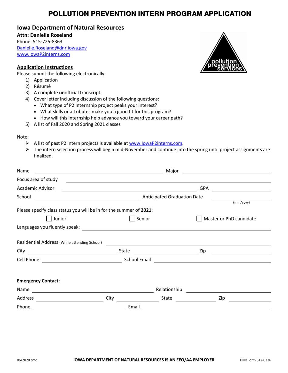 DNR Form 542-0336 Pollution Prevention Intern Program Application - Iowa, Page 1