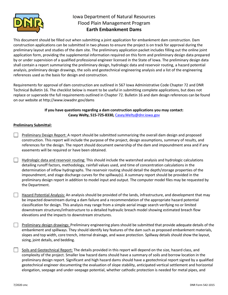 DNR Form 542-1015 Earth Embankment Dams - Iowa, Page 1