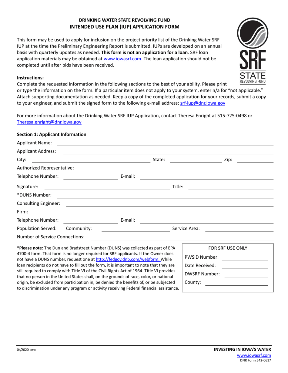 DNR Form 542-0617 Intended Use Plan (Iup) Application Form - Iowa, Page 1