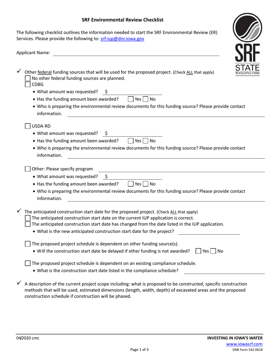 DNR Form 542-0618 Exhibit 5 Srf Environmental Review Checklist - Iowa, Page 1