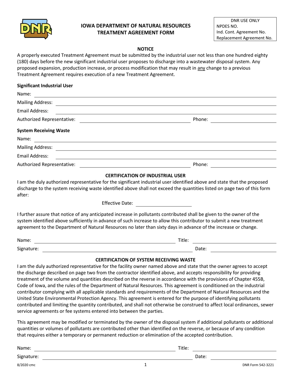 DNR Form 542-3221 Treatment Agreement Form - Iowa, Page 1