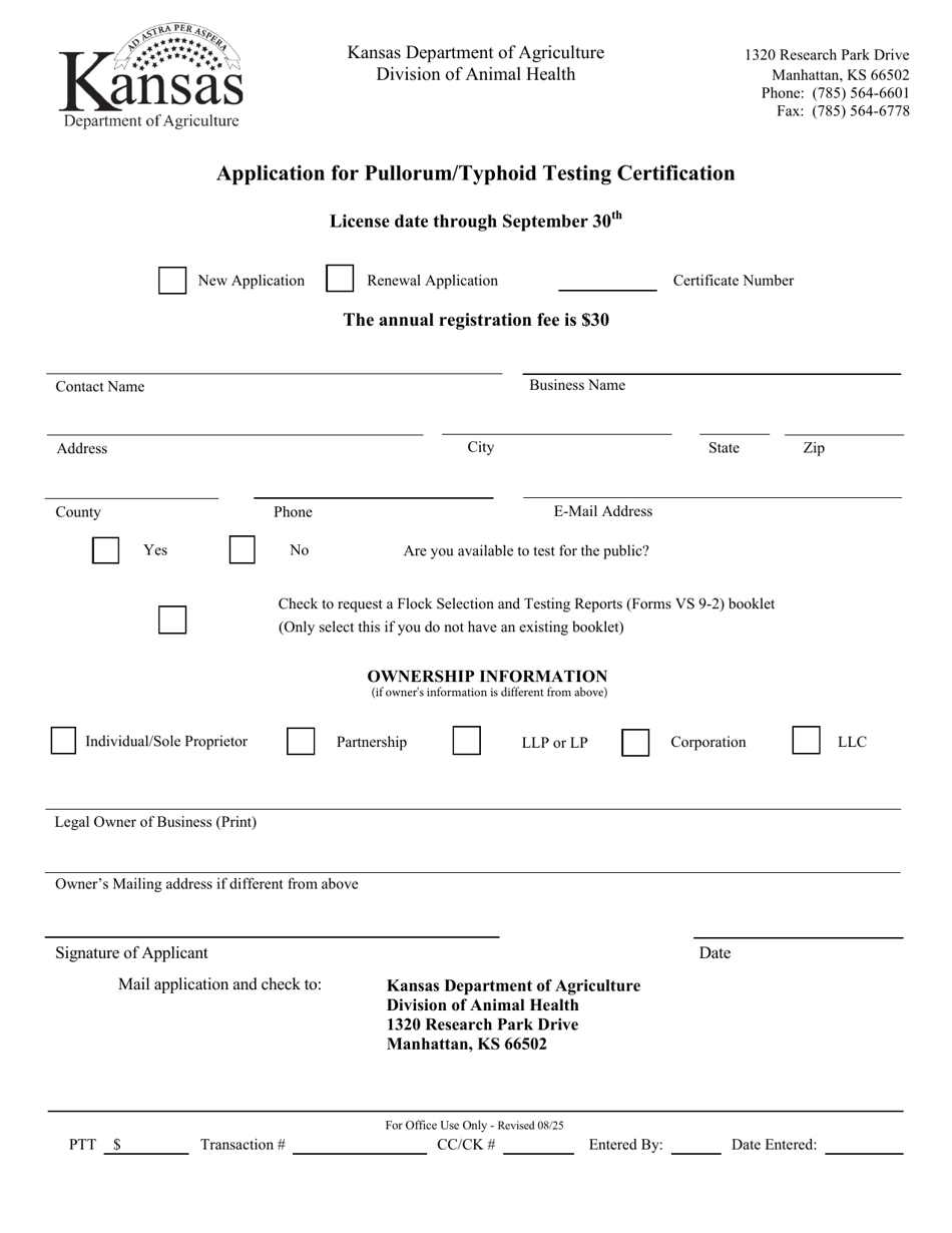 Application for Pullorum / Typhoid Testing Certification - Kansas, Page 1