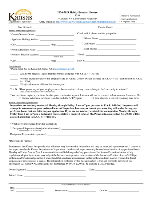 Hobby Breeder License - Kansas, 2021