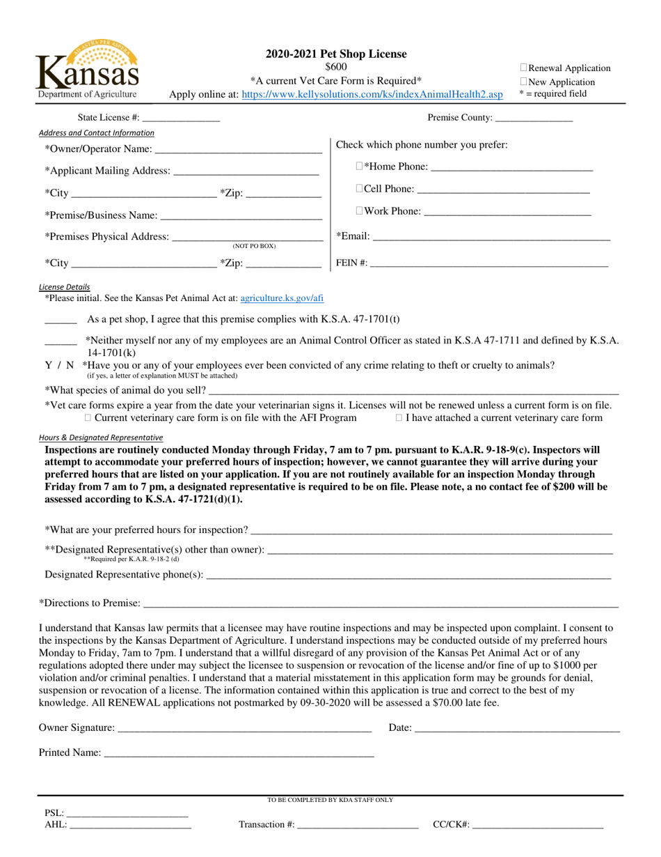 2021 Kansas Pet Shop License Download Printable PDF Templateroller
