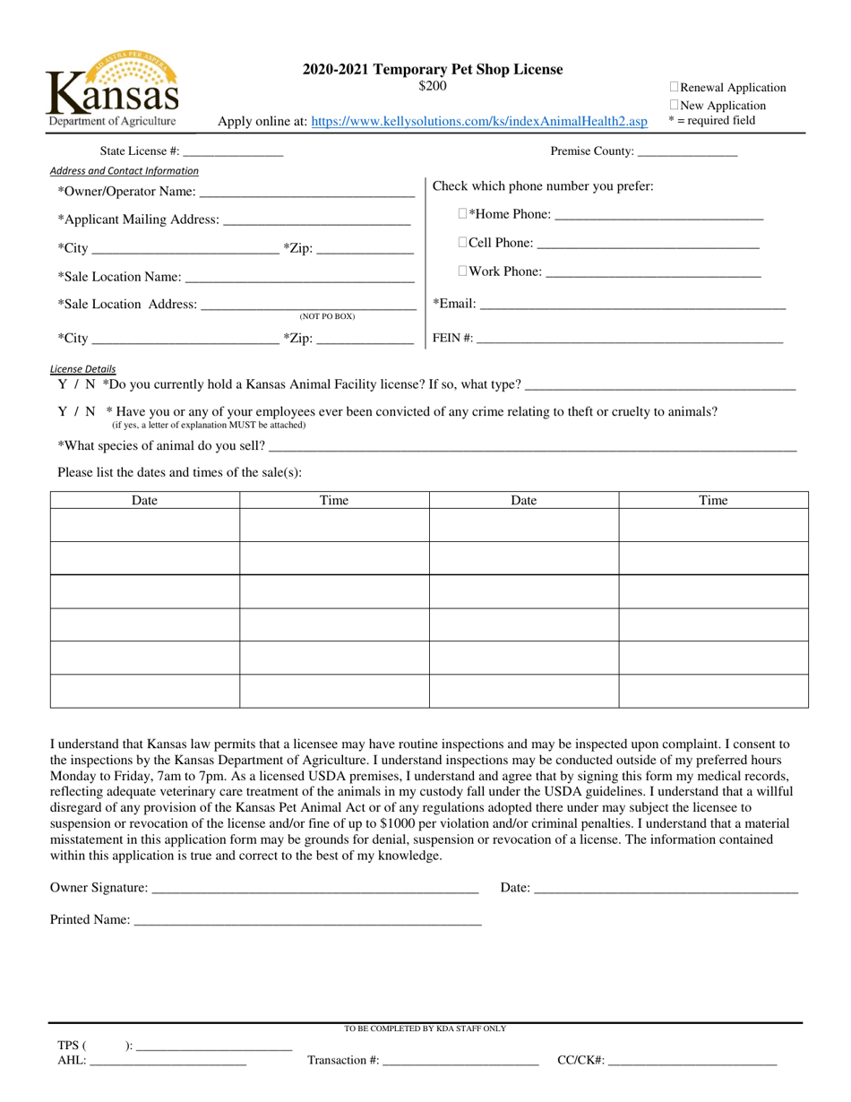 2021 Kansas Temporary Pet Shop License Fill Out, Sign Online and