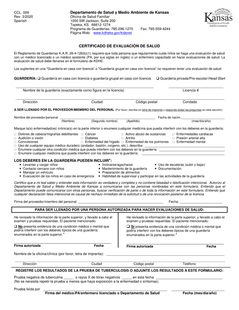 Formulario CCL.009 Certificado De Evaluacion De Salud - Kansas (Spanish)