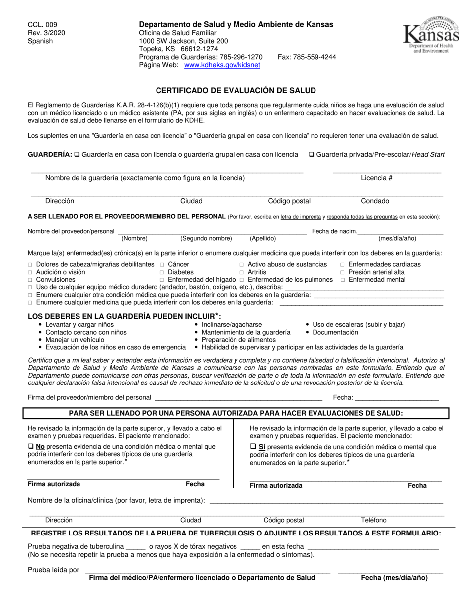 Formulario CCL.009 Certificado De Evaluacion De Salud - Kansas (Spanish), Page 1