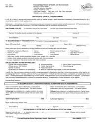 Form CCL.009 &quot;Certificate of Health Assessment&quot; - Kansas
