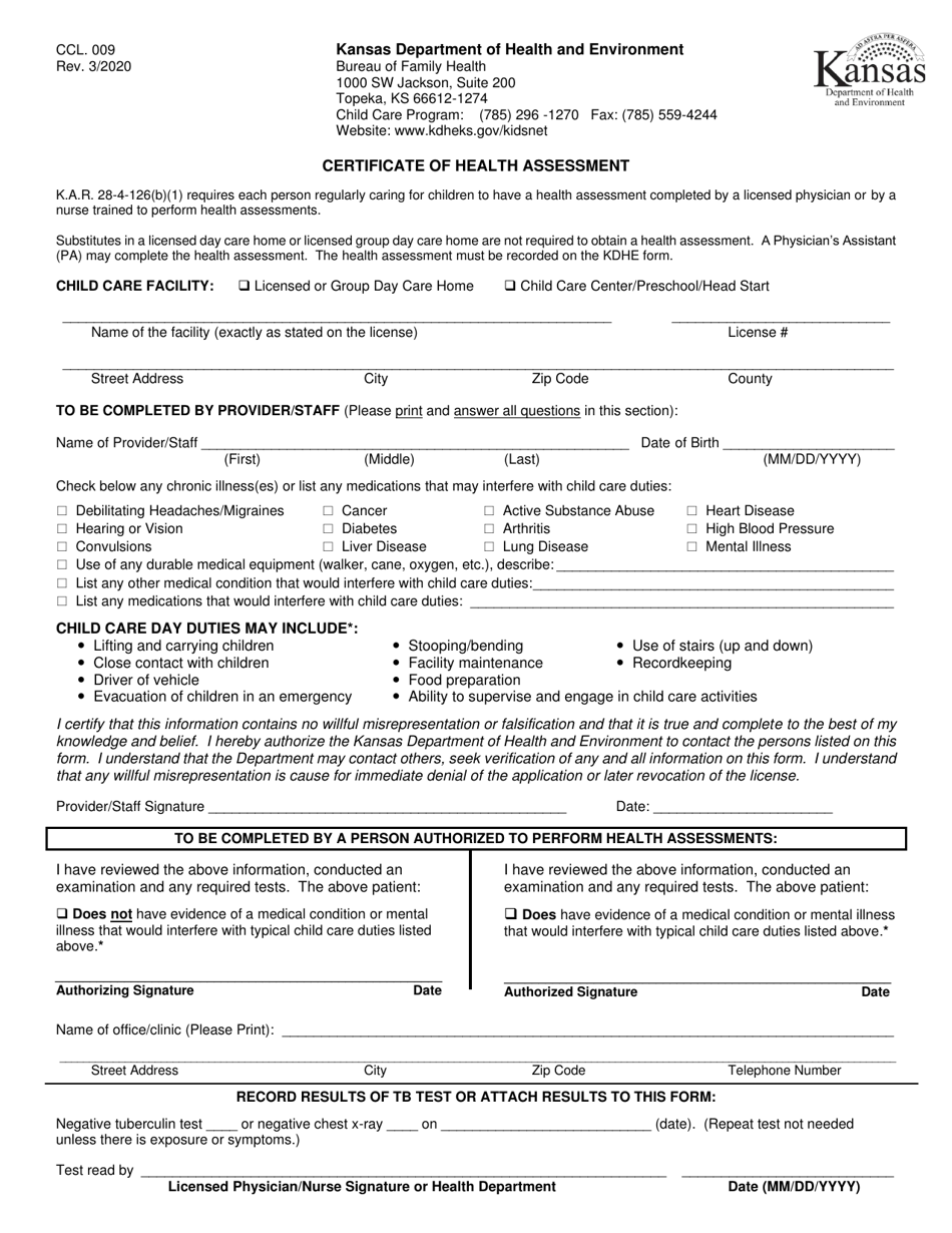 Form CCL.009 Certificate of Health Assessment - Kansas, Page 1