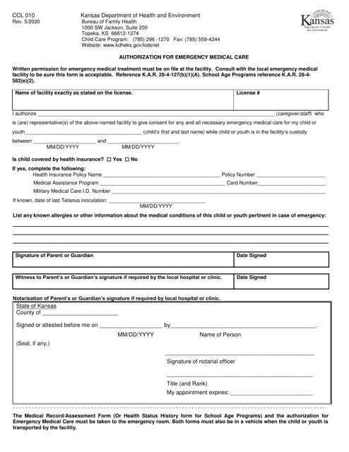 Form CCL010 Authorization for Emergency Medical Care - Kansas