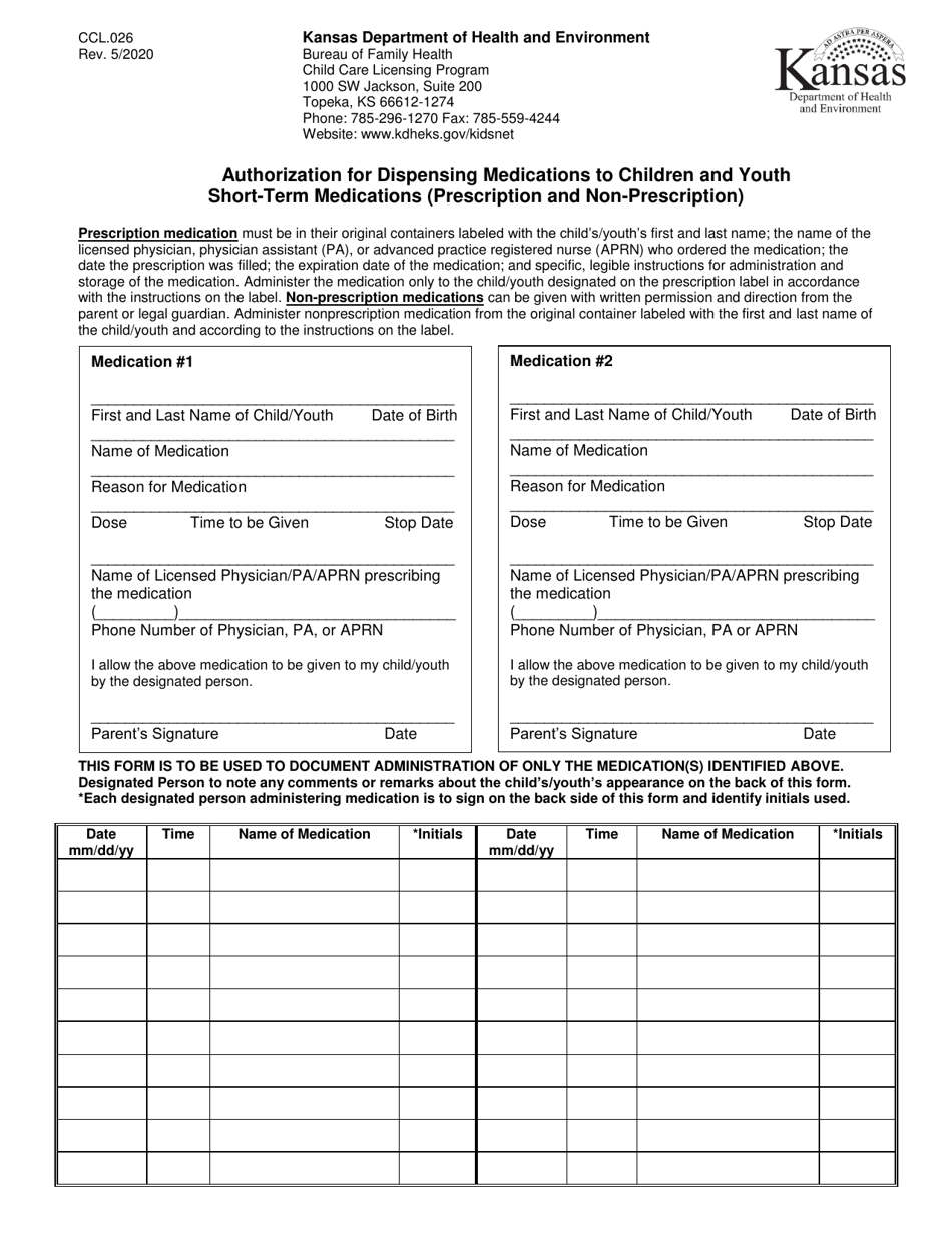 Form CCL.026 Authorization for Dispensing Medications to Children and Youth Short-Term Medications (Prescription and Non-prescription) - Kansas, Page 1