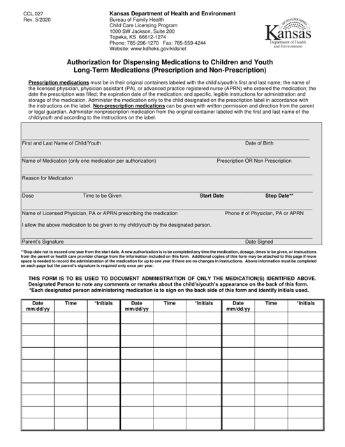 Form CCL.027 Authorization for Dispensing Medications to Children and Youth Long-Term Medications (Prescription and Non-prescription) - Kansas