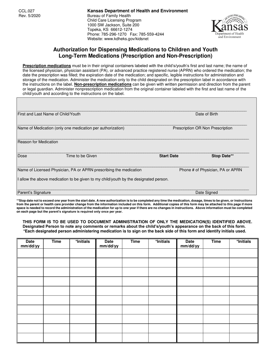 Form CCL.027 Authorization for Dispensing Medications to Children and Youth Long-Term Medications (Prescription and Non-prescription) - Kansas, Page 1