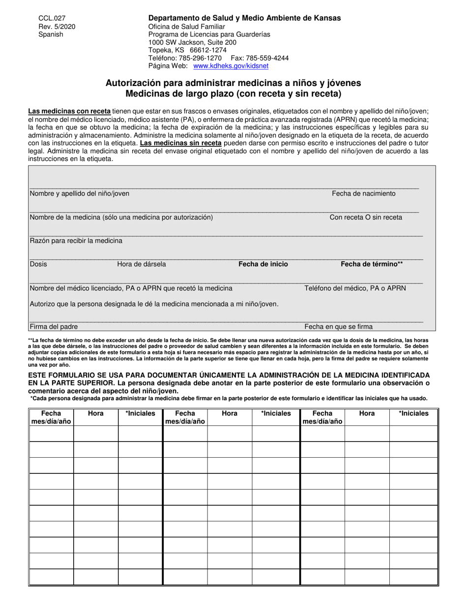 Formulario CCL.027 Autorizacion Para Administrar Medicinas a Ninos Y Jovenes Medicinas De Largo Plazo (Con Receta Y Sin Receta) - Kansas (Spanish), Page 1