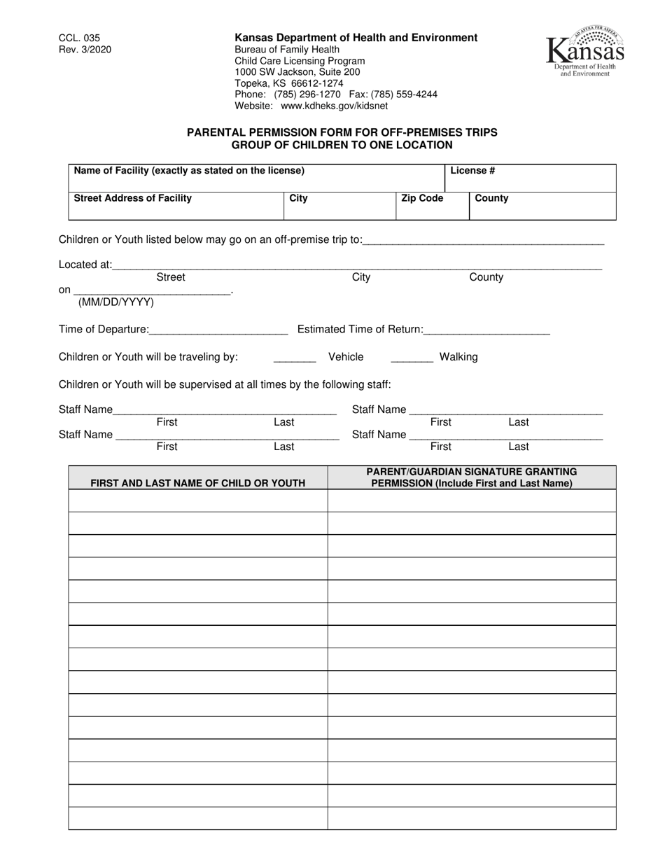Form CCL.035 Parental Permission Form for off-Premises TRiPS Group of Children to One Location - Kansas, Page 1