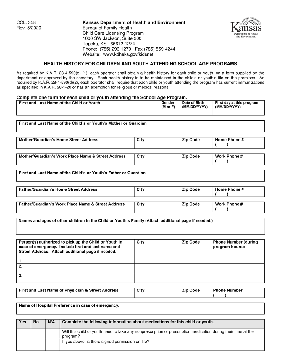 Form CCL.358 Health History for Children and Youth Attending School Age Programs - Kansas, Page 1