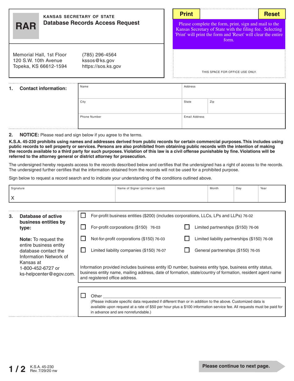 Form RAR Database Records Access Request - Kansas, Page 1
