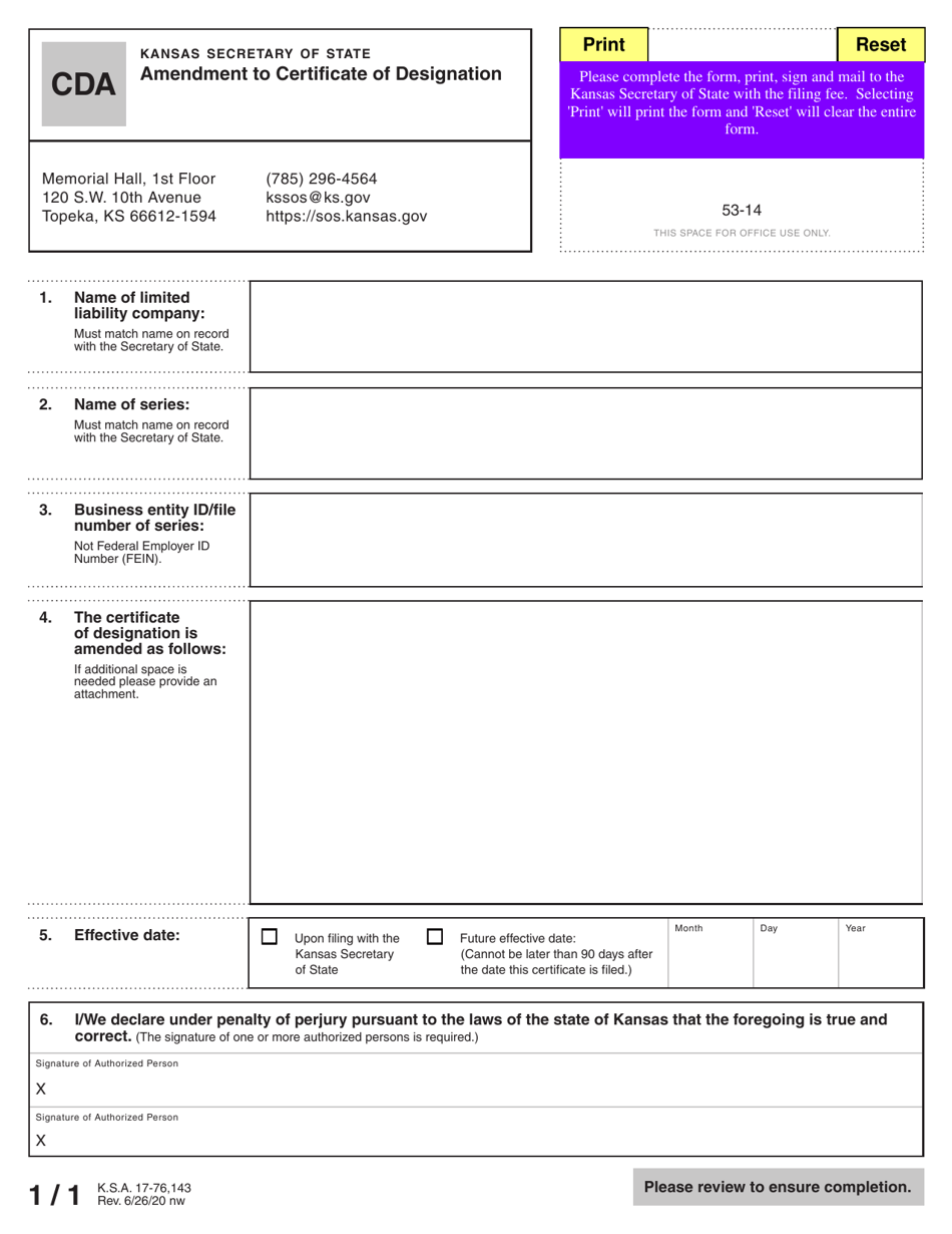 Form CDA Amendment to Certificate of Designation - Kansas, Page 2