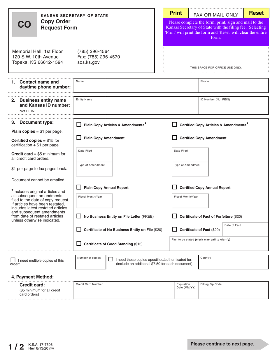 Form CO Copy Order Request Form - Kansas, Page 1