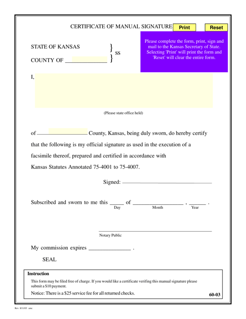 Form MN Certificate of Manual Signature - Kansas