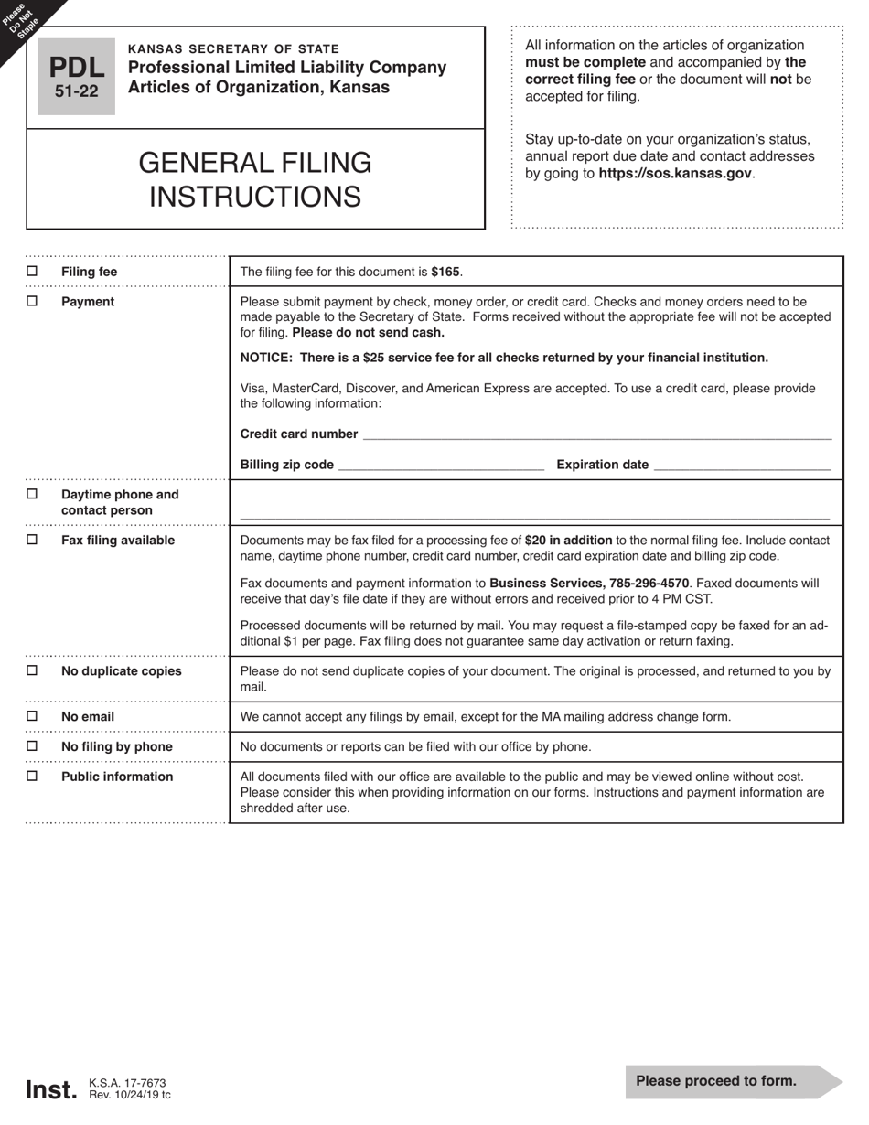 Form PDL51-22 Kansas Professional Limited Liability Company Articles of Organization - Kansas, Page 1