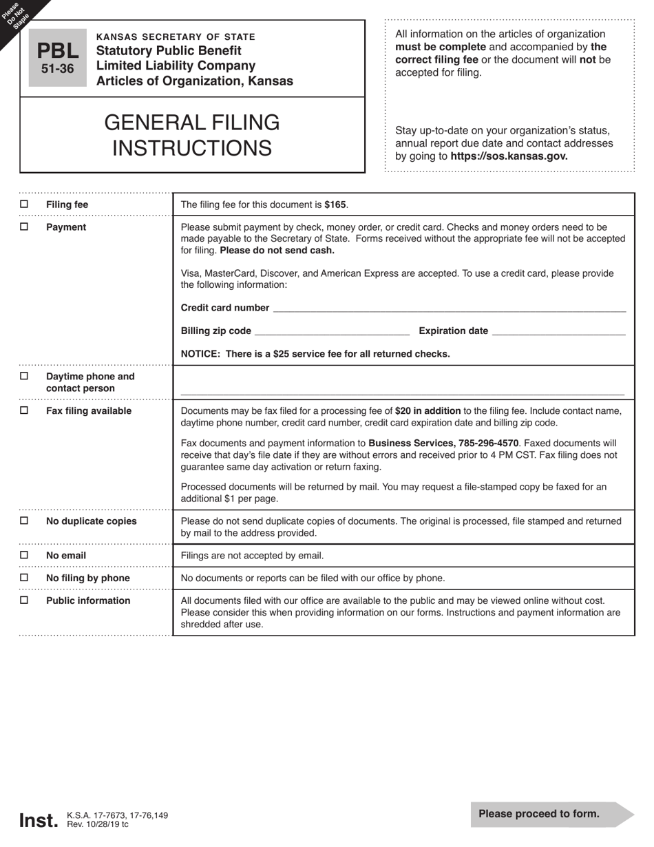 Form PBL51-36 Statutory Public Benefit Limited Liability Company Articles of Organization - Kansas, Page 1