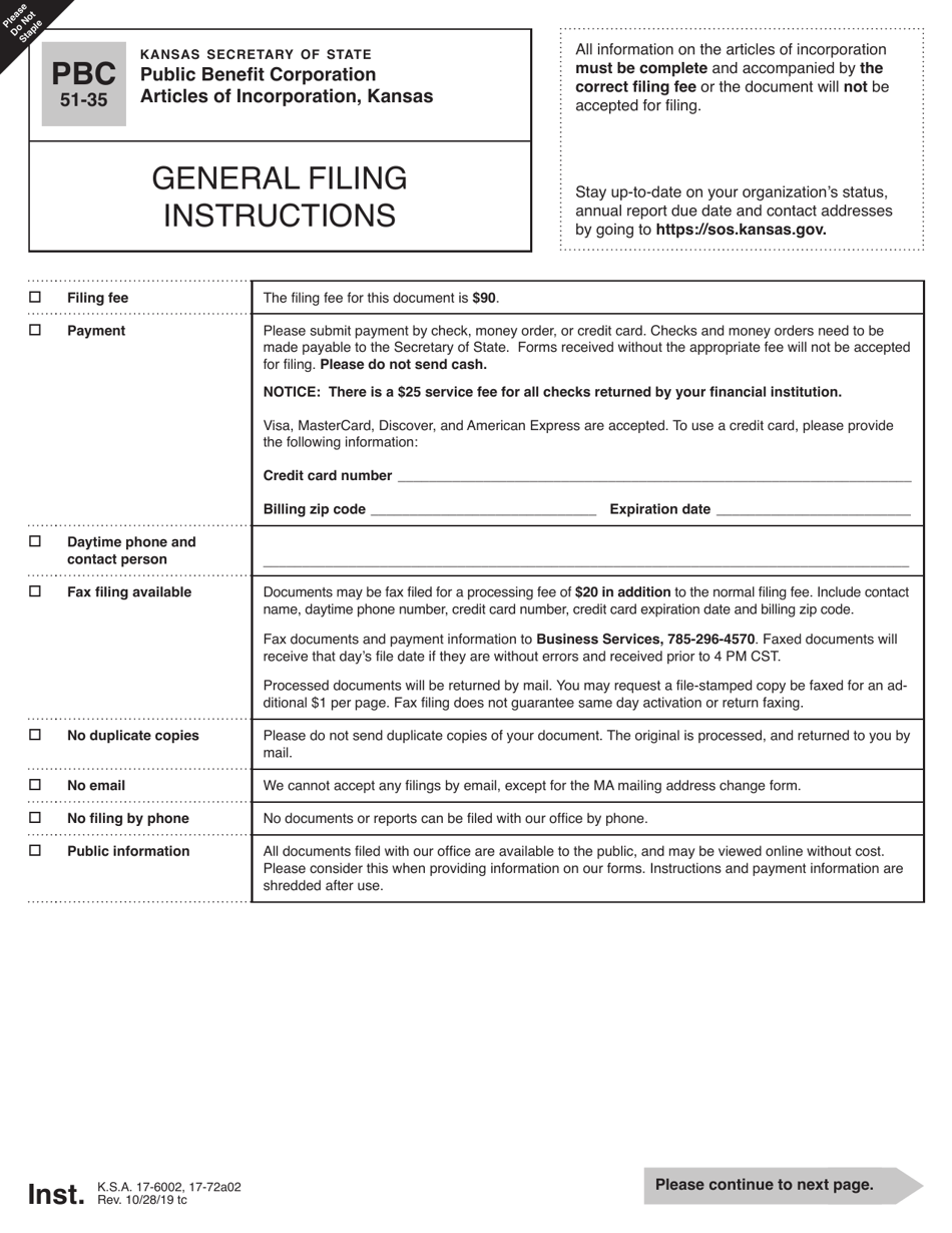 Form PBC51-35 Public Benefit Corporation Articles of Incorporation - Kansas, Page 1