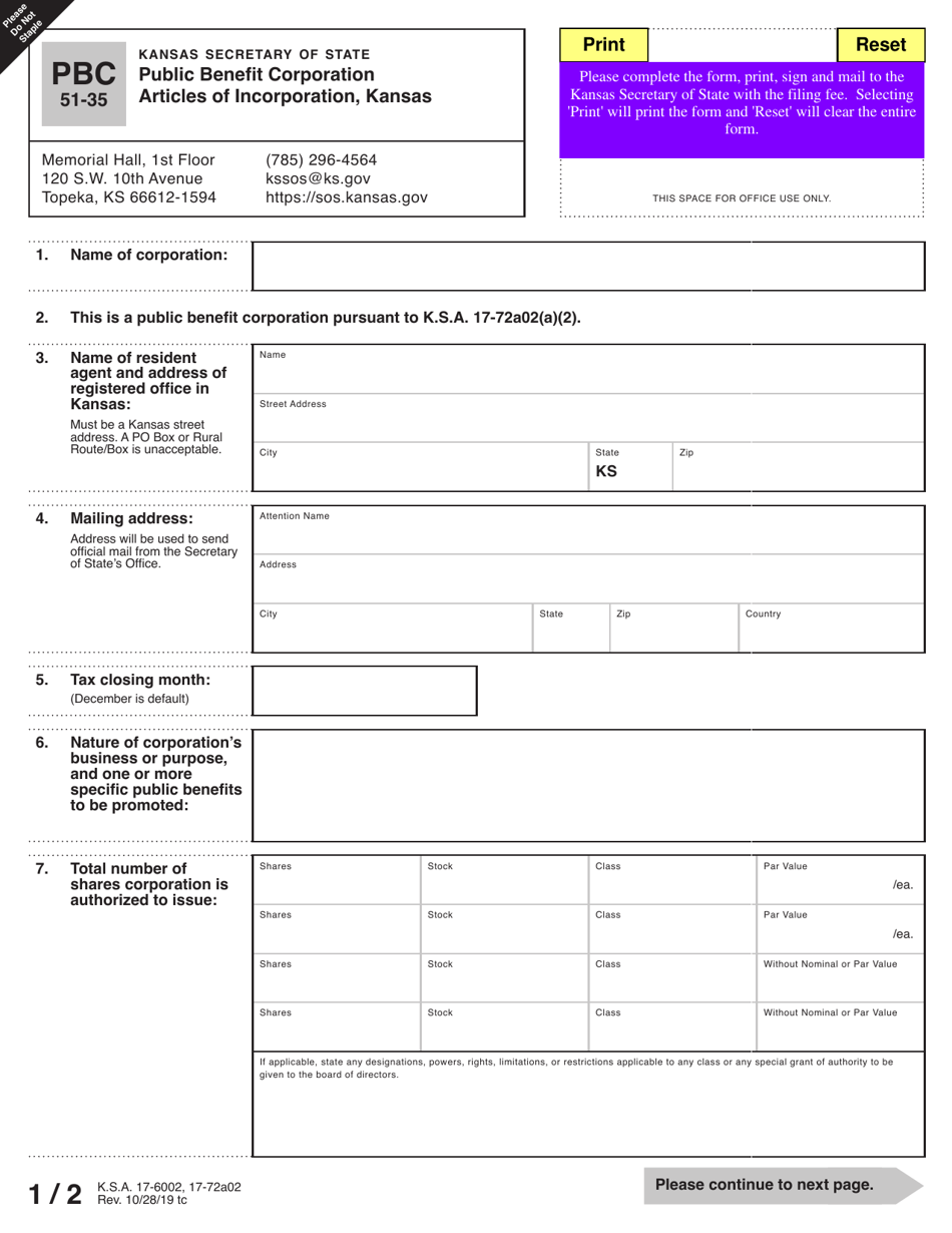 Form PBC51-35 Public Benefit Corporation Articles of Incorporation - Kansas, Page 3