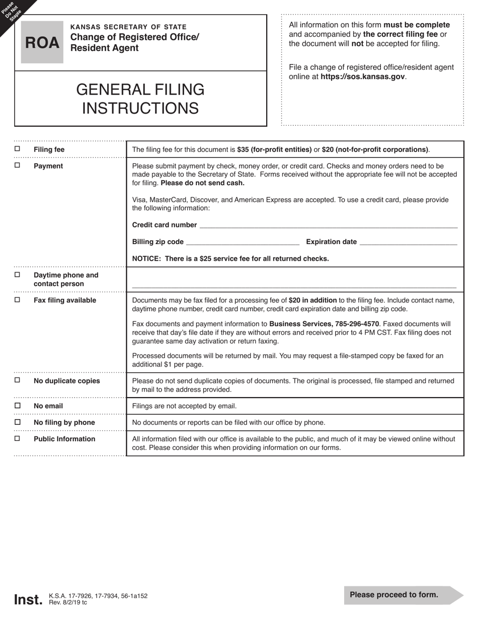 Form ROA Change of Registered Office / Resident Agent - Kansas, Page 1