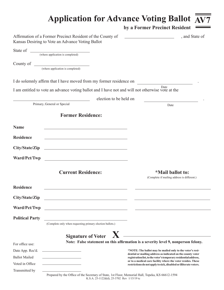 Form AV7 Application for Advance Voting Ballot by a Former Precinct Resident - Kansas, Page 1