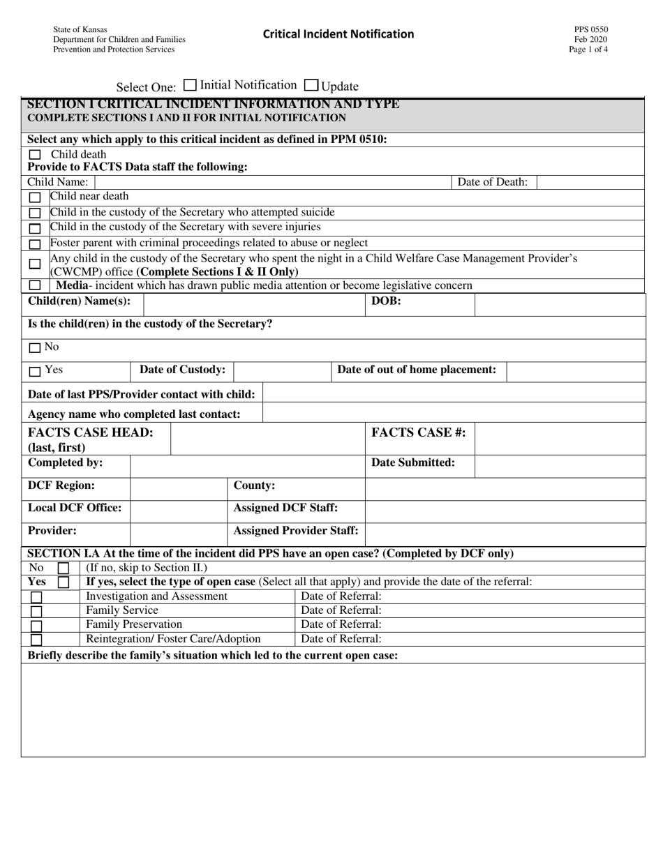 Form PPS0550 Critical Incident Notification - Kansas, Page 1