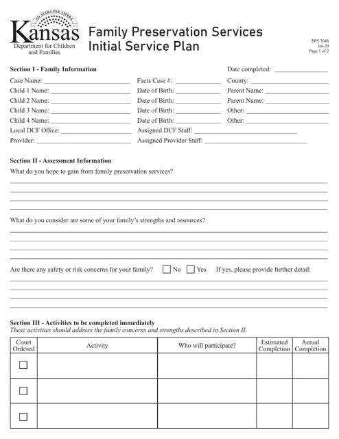 Form PPS3048 Family Preservation Services Initial Service Plan - Kansas