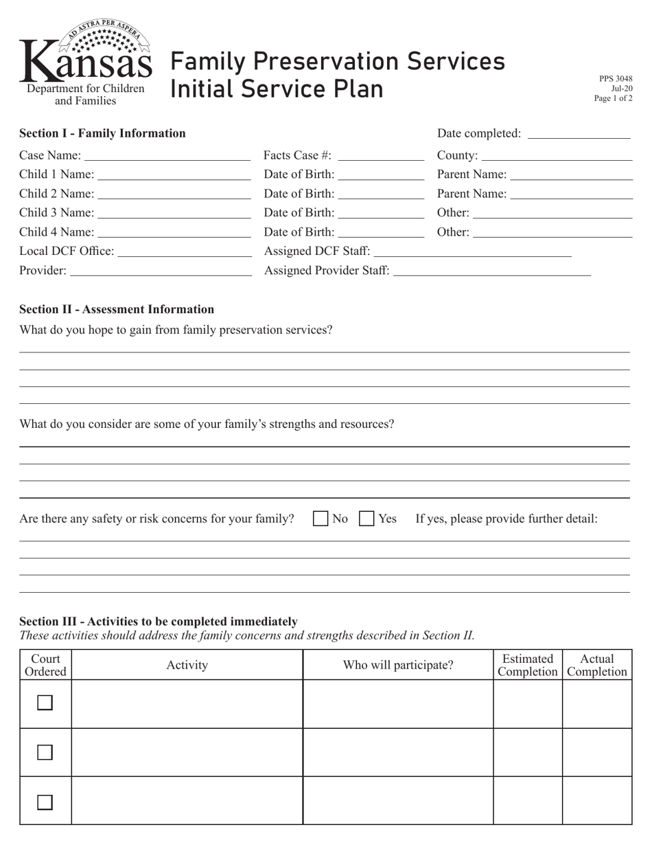 Form PPS3048 Family Preservation Services Initial Service Plan - Kansas, Page 1