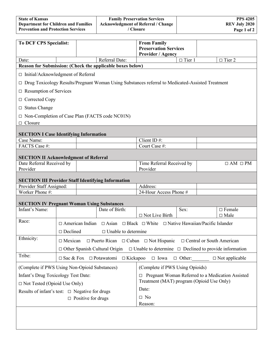 Form PPS4205 Family Preservation Services Acknowledgement of Referral / Change / Closure - Kansas, Page 1