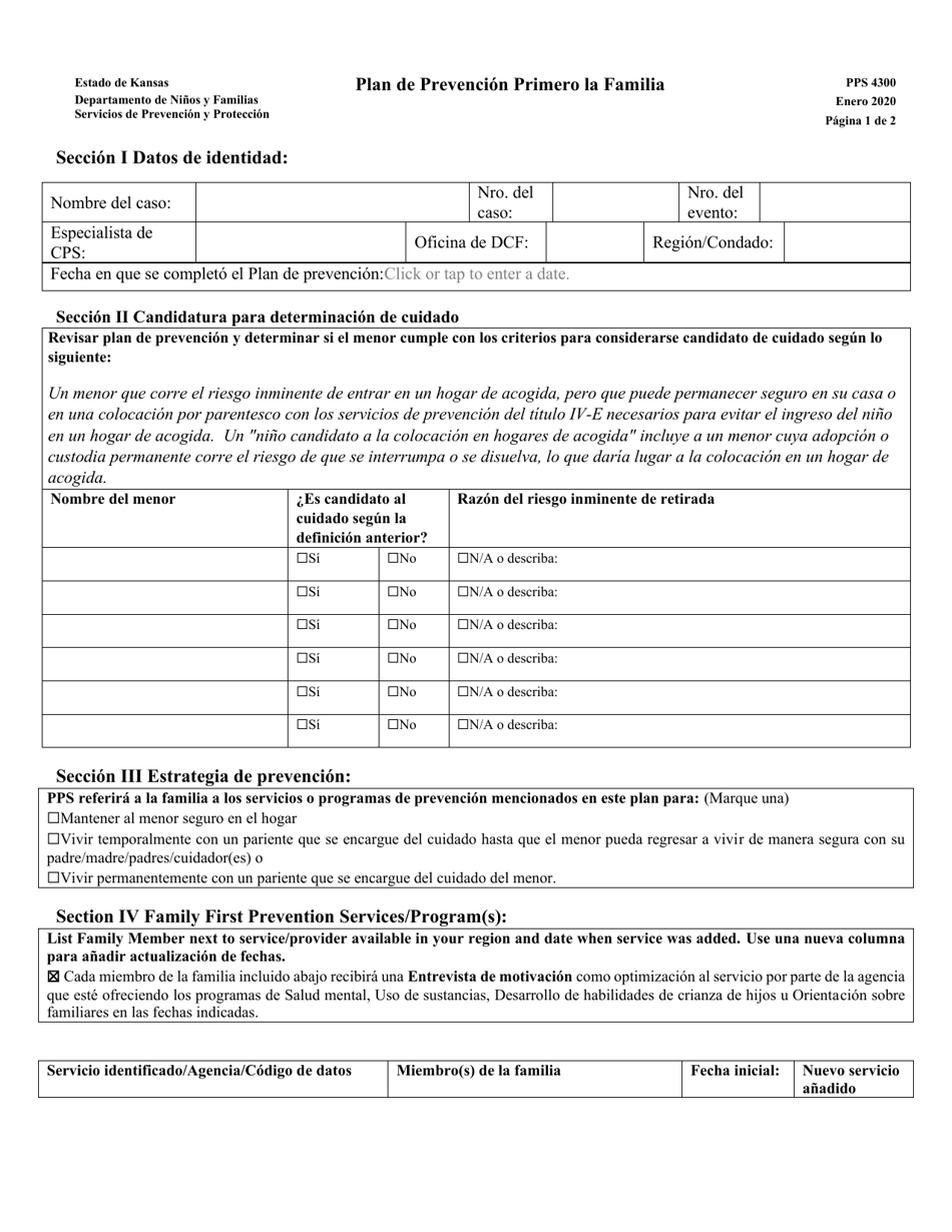 Formulario PPS4300 Plan De Prevencion Primero La Familia - Kansas (Spanish), Page 1