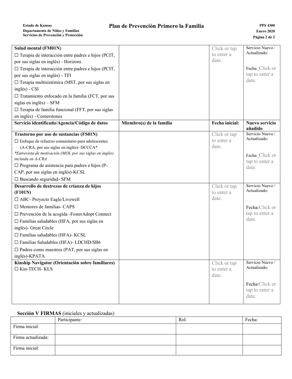 Formulario PPS4300 Plan De Prevencion Primero La Familia - Kansas (Spanish), Page 2