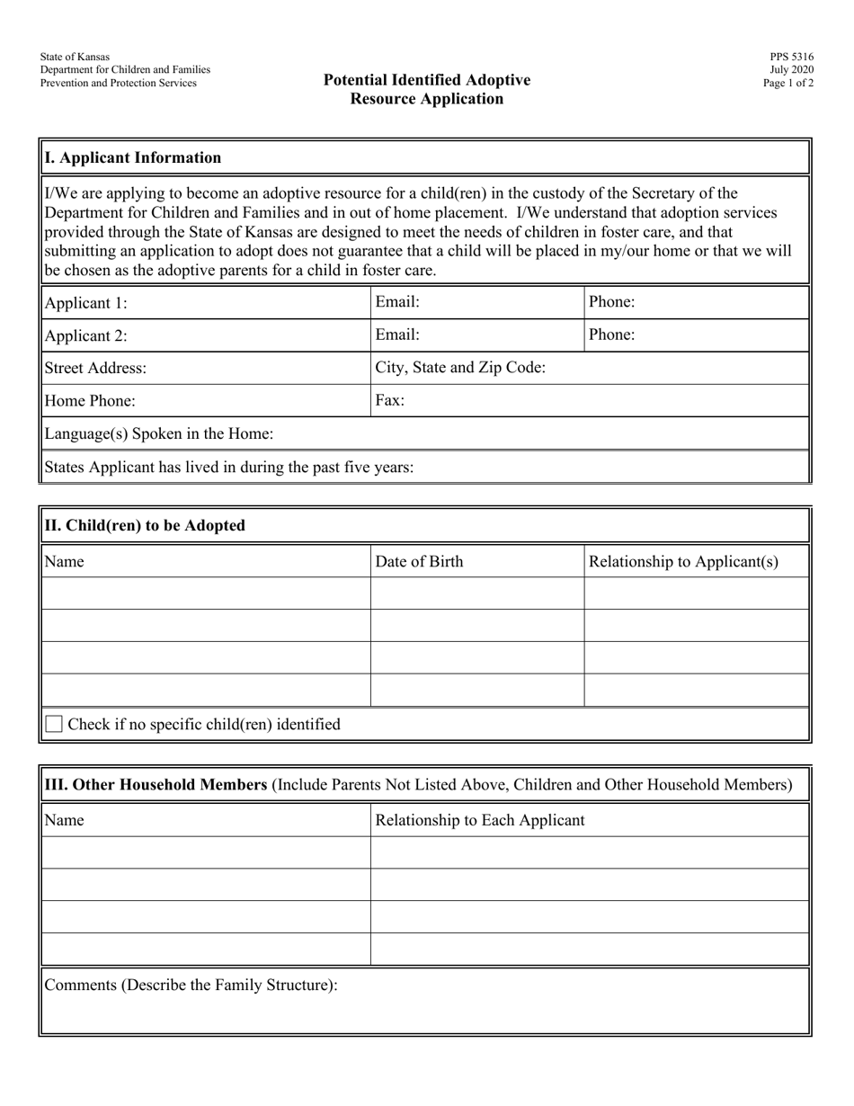 Form PPS5316 Potential Identified Adoptive Resource Application - Kansas, Page 1